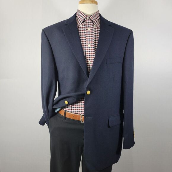 Stafford Men's Sport Coat Blazer Two Button Solid Navy Blue Poly‎ Wool Size 44L